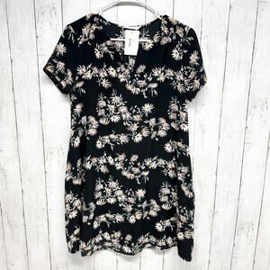 Lush Dress Women Size Small Black Floral Short Sleeve Mini Tunic Rayon Open Neck